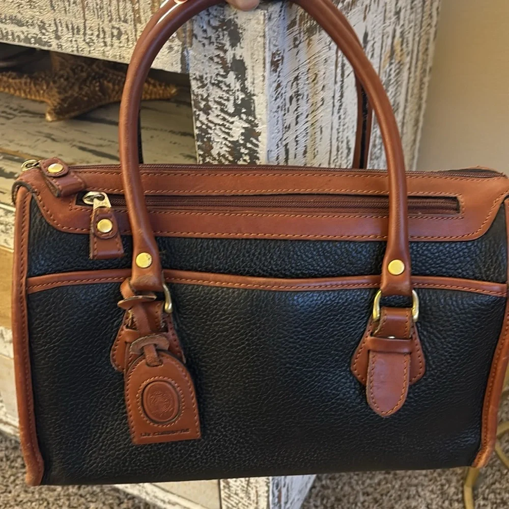 Vintage 80s Liz Claiborne 100% Black‎ & Tan Leather Satchel/Shoulder Bag/Purse